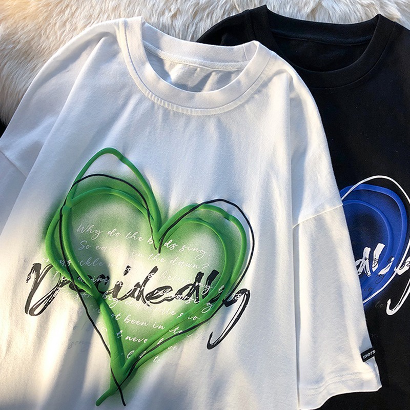 Áo thun nữ ZHELIHANGFEI tay ngắn in họa tiết trái tim thời trang