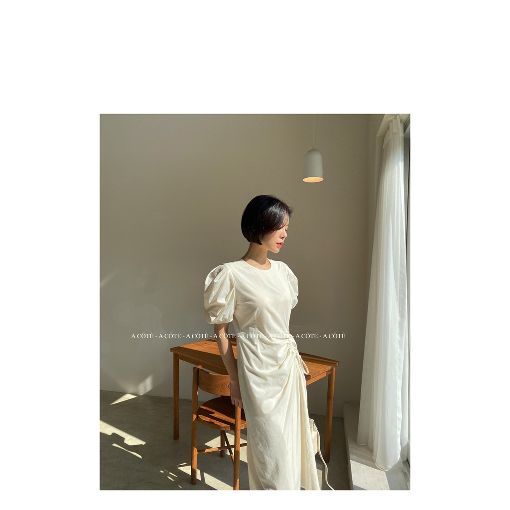 Đầm trắng rút dây eo thời trang - V31 vải xô cotton hai lớp thoáng mát