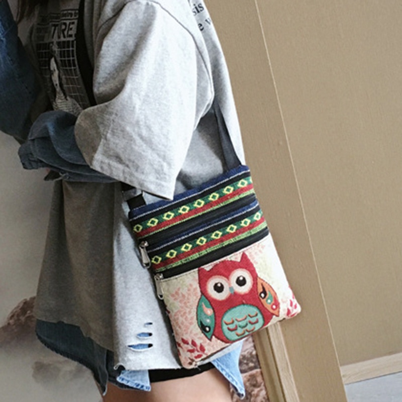 Túi Đeo Chéo Vải Canvas In Họa Tiết Chim Cú Phong Cách Bohemian Cổ Điển Thời Trang Cho Nữ