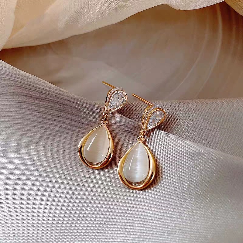 Khuyên Tai Giọt Nước Đính Đá Opal Cổ Điển Dễ Thương