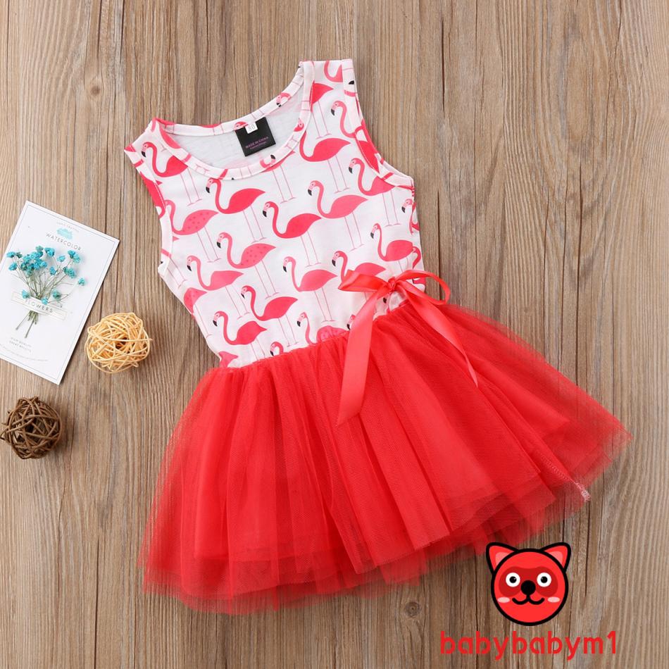 Đầm xòe tutu không tay dáng công chúa in họa tiết hồng hạc dễ thương