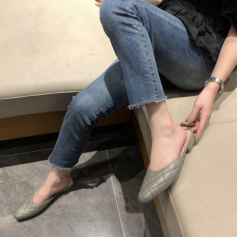 IELGY Dép Bít Mũi Bằng PVC Họa Tiết Sọc Caro Thời Trang Cho Nữ