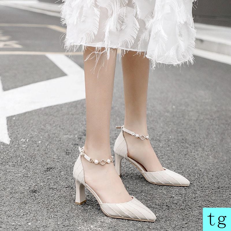 Giày cao gót sandal đế dày thời trang xuân thu phong cách mới 2021 dành cho nữ