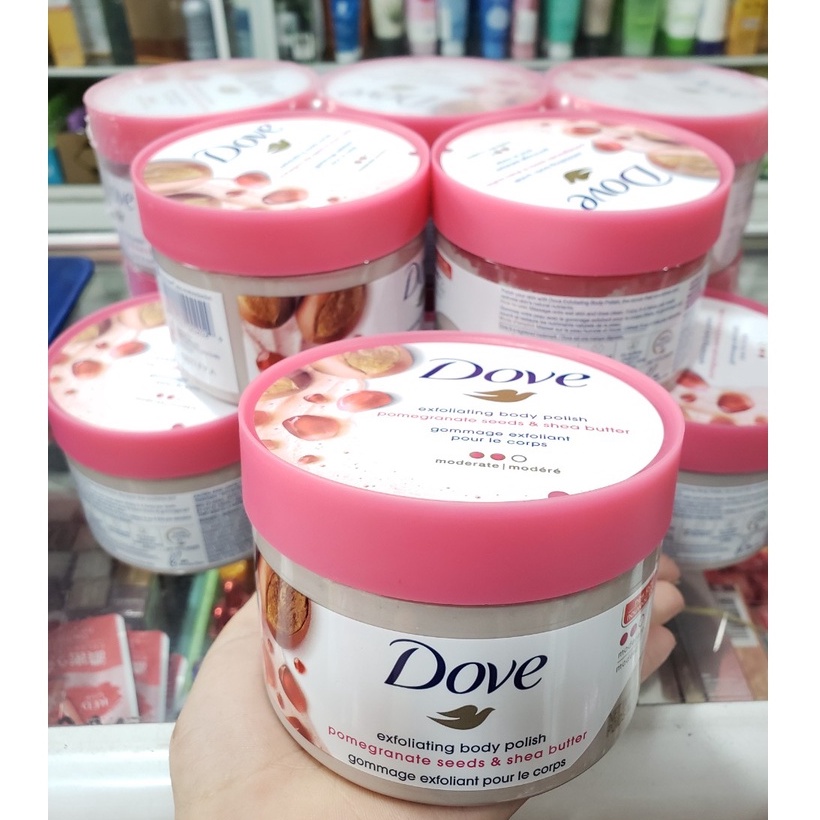 Tẩy tế bào chết Dove Exfoliating Body Polish Scrub 298g - HẠT MỠ VÀ HẠT LỰU