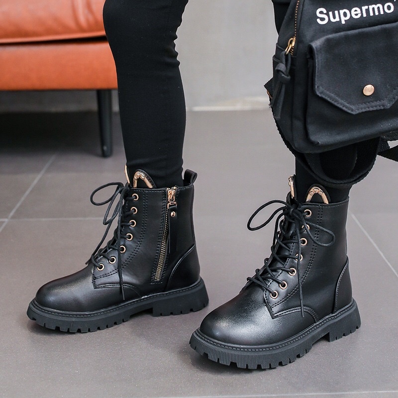 Giày boot cho bé gái bé trai da mềm đế êm nhẹ size 27-37 màu Đen phong cách Anh Martin cổ cao - Bốt trẻ em đẹp rẻ 2023