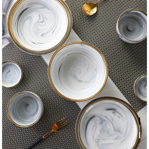 Set chén đĩa vân đá loang trắng phong cách bắc âu sang trọng
