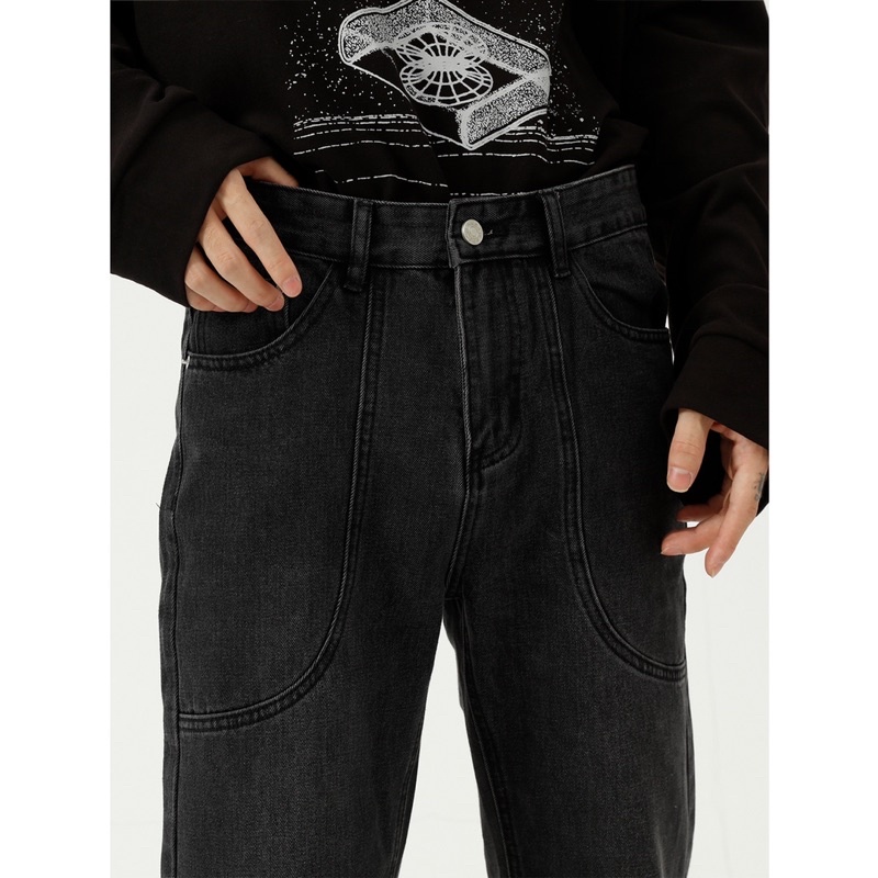 Quần jeans đen wash ống loe nam basic phong cách retro, punk, urban streetwear