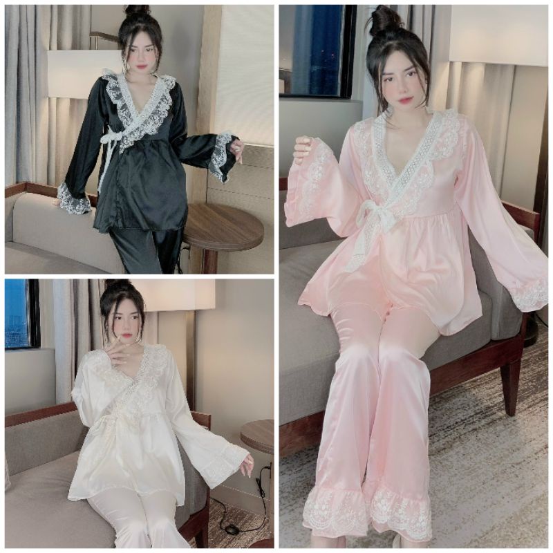 Đồ Bộ Pyjama tay dài quần dài Kimono chất Lụa Latin Cao Cấp