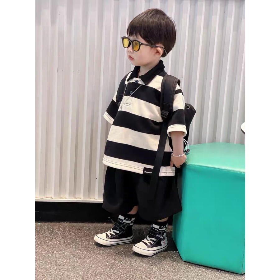 Bộ Áo Thun Cotton Ngắn Tay + Quần Short Dáng Rộng Phong Cách Hàn Quốc Thời Trang Mùa Hè Cho Bé Trai