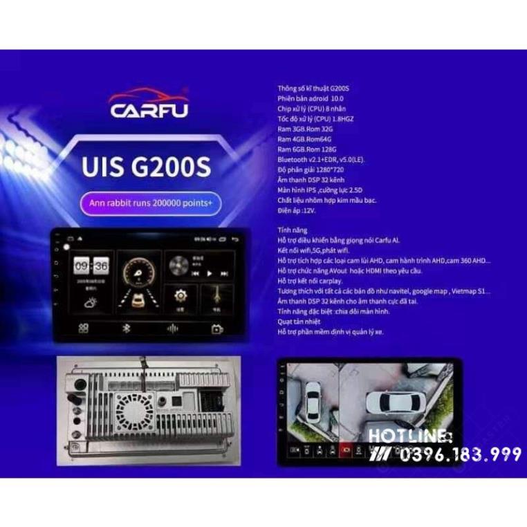Màn hình Android Carfu G200/G200S Ram 3gb/4gb/32gb/64gb Liền cam 360 chip 8x 7862 cắm sim 5G siêu khủng ver 2022