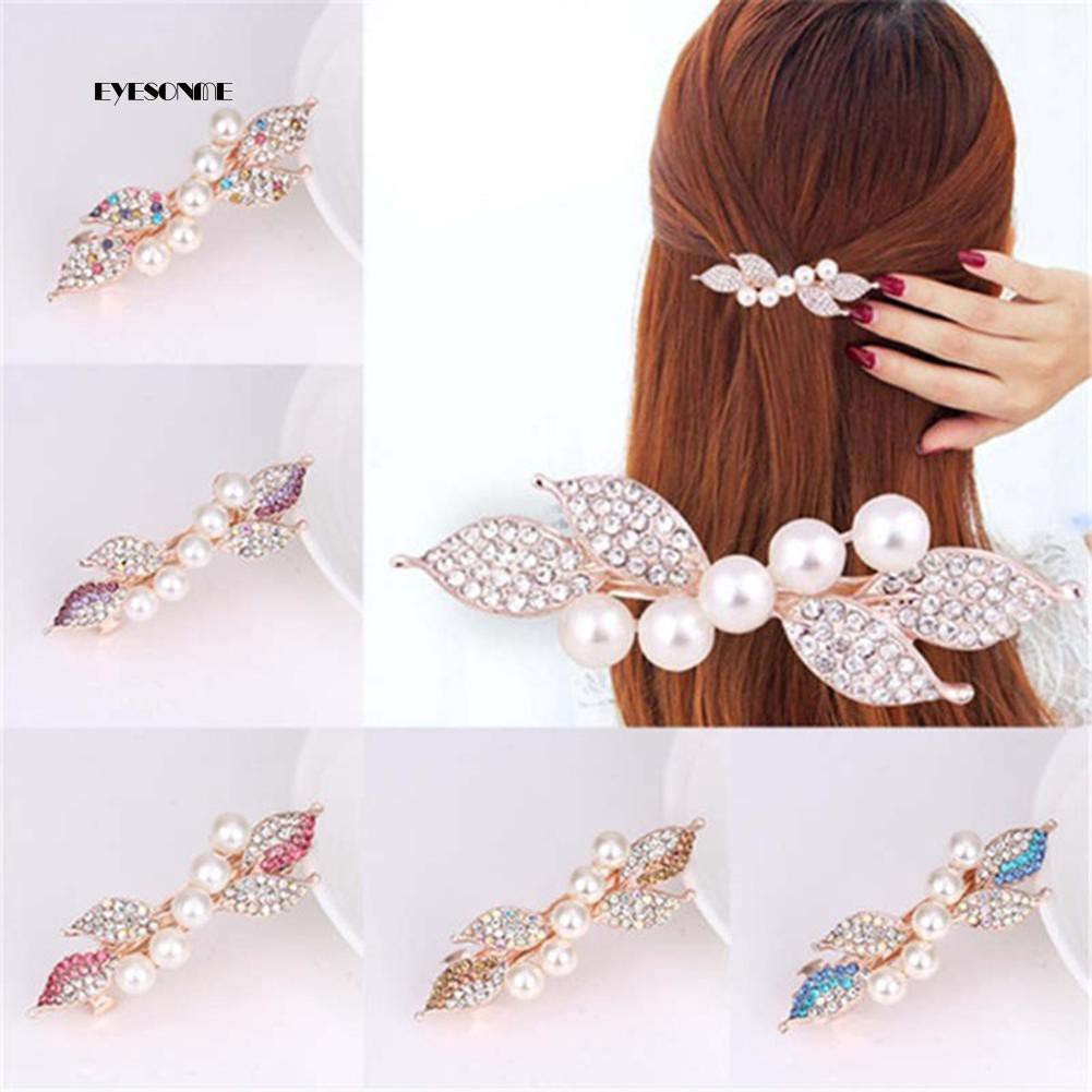 Kẹp tóc nơ đính đá và ngọc trai giả thanh lịch dành cho nữ