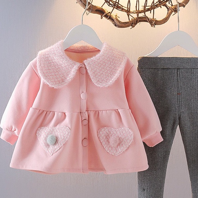Áo khoác bé gái cổ sen túi trái tim chất cotton lót nhung siêu mềm mịn size 9-15kg AK21