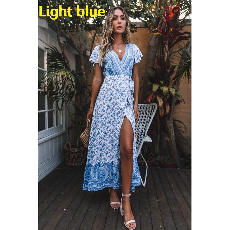 Đầm xẻ tà ngắn tay phối hoa văn Vintage cho nữ | BigBuy360 - bigbuy360.vn