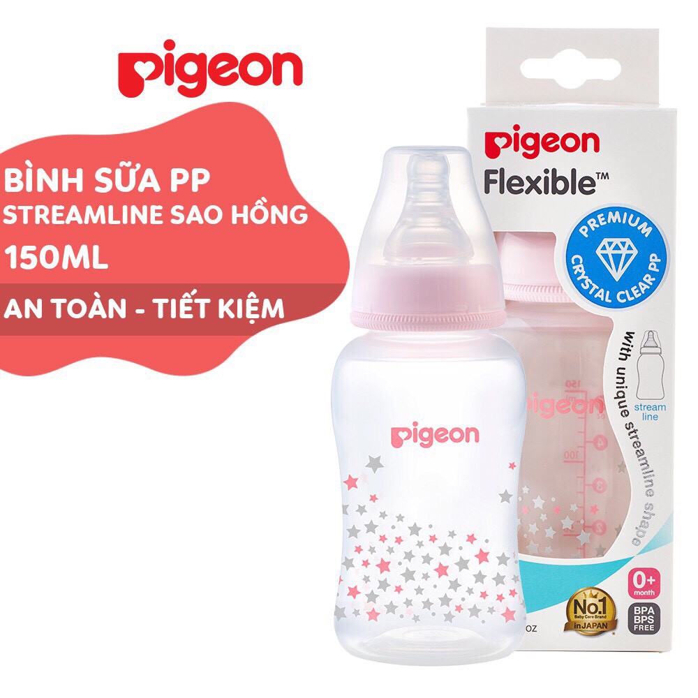 Bình sữa cổ hẹp PP Streamline hình ngôi sao hồng/xanh Pigeon 150ml (S)