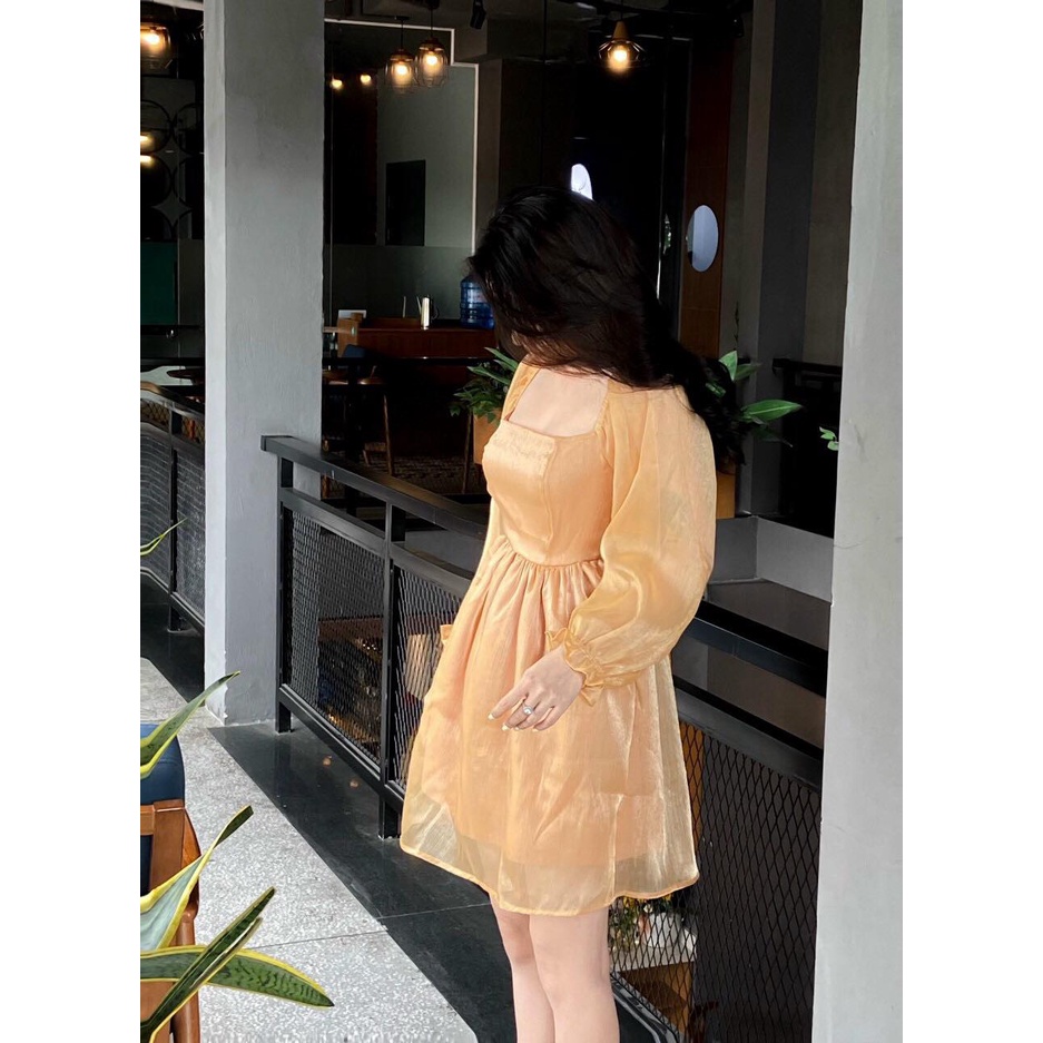 Đầm Xòe Tay Dài Trơn Phối Nhún Lưng