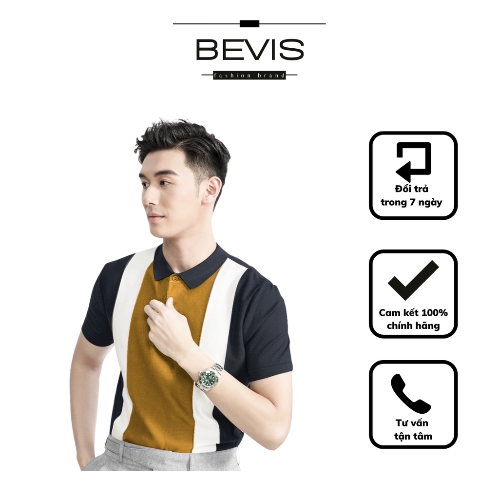 Áo Polo Nam đẹp BEVIS basic -Áo thun nam có cổ trụ bẻ, phối sọc dọc cà phê đen trắng vải cá sấu cao cấp giá rẻ