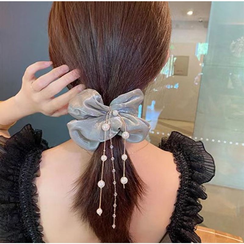Women Elegant Pearls Rhinestone Tassel Hair Tie/ Elastic Large Intestine Hair Bands