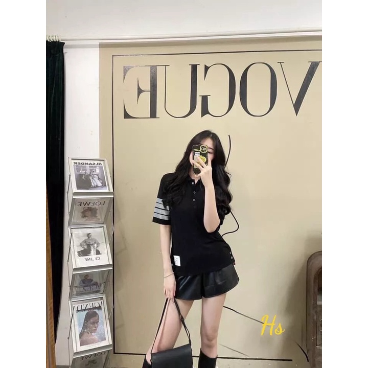 Áo PoLo Cổ Bẻ Sọc 4 Vạch Cánh Tay Nam Nữ Unisex - đen + trắng, phông Cotton mềm mịn mùa Hè Hottrend 2022