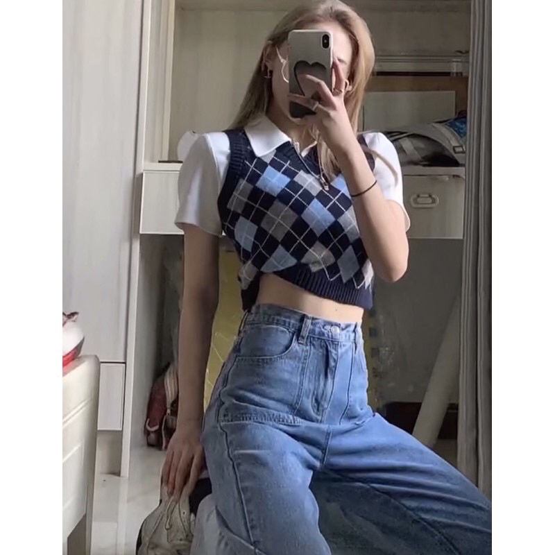 Áo Gile Len Cộc Tay Dáng Croptop Kèm Áo Polo Trắng Cực Xinh