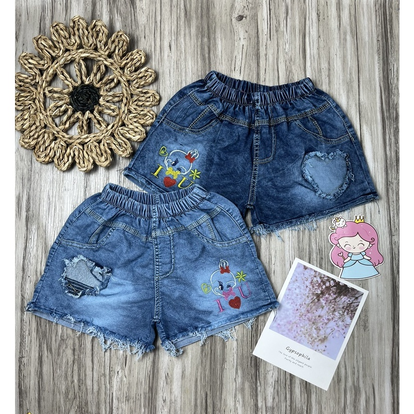 Quần đùi jean bé gái thêu hình ngộ nghĩnh size 15-25kg