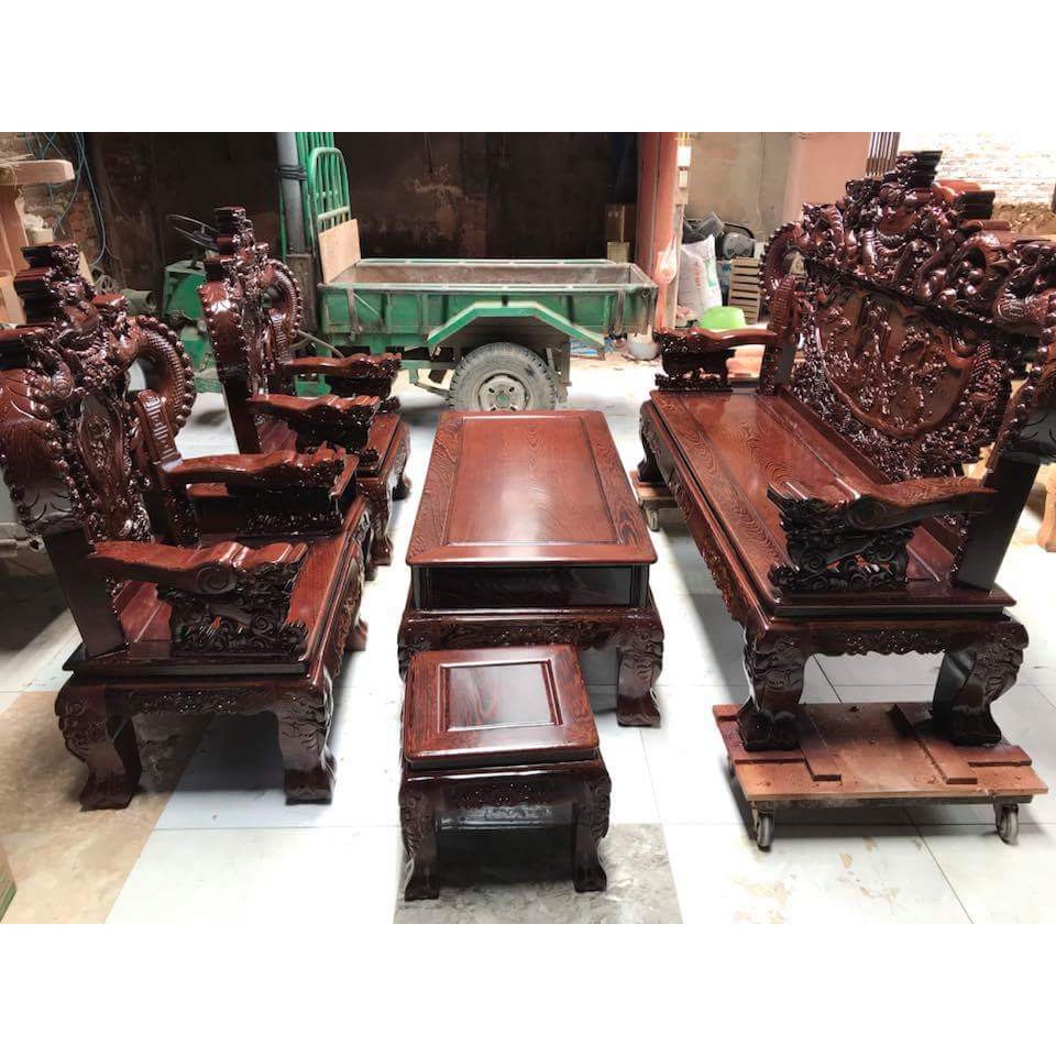 Bộ bàn ghế nghê đỉnh tay khuỳnh gỗ mun đuôi công