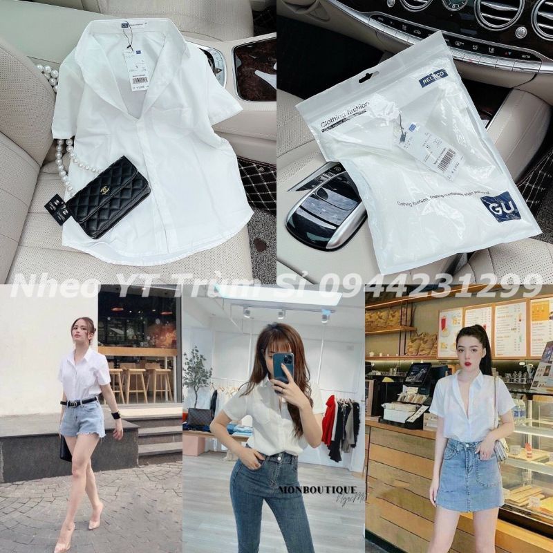 Áo sơ mi cộc túi GU túi ngực viền lệch tà