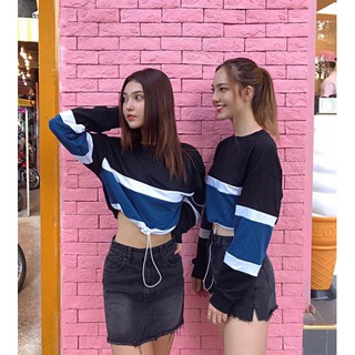 Croptop Tay Dài Phối Màu Rút Dây