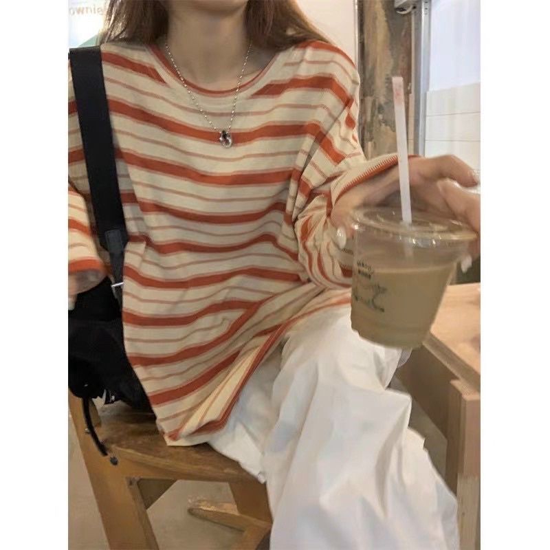 [Ảnh thật/Video]Áo thun thu đông sắc màu trẻ trung thiết kế kẻ ngang hàng Quảng Châu