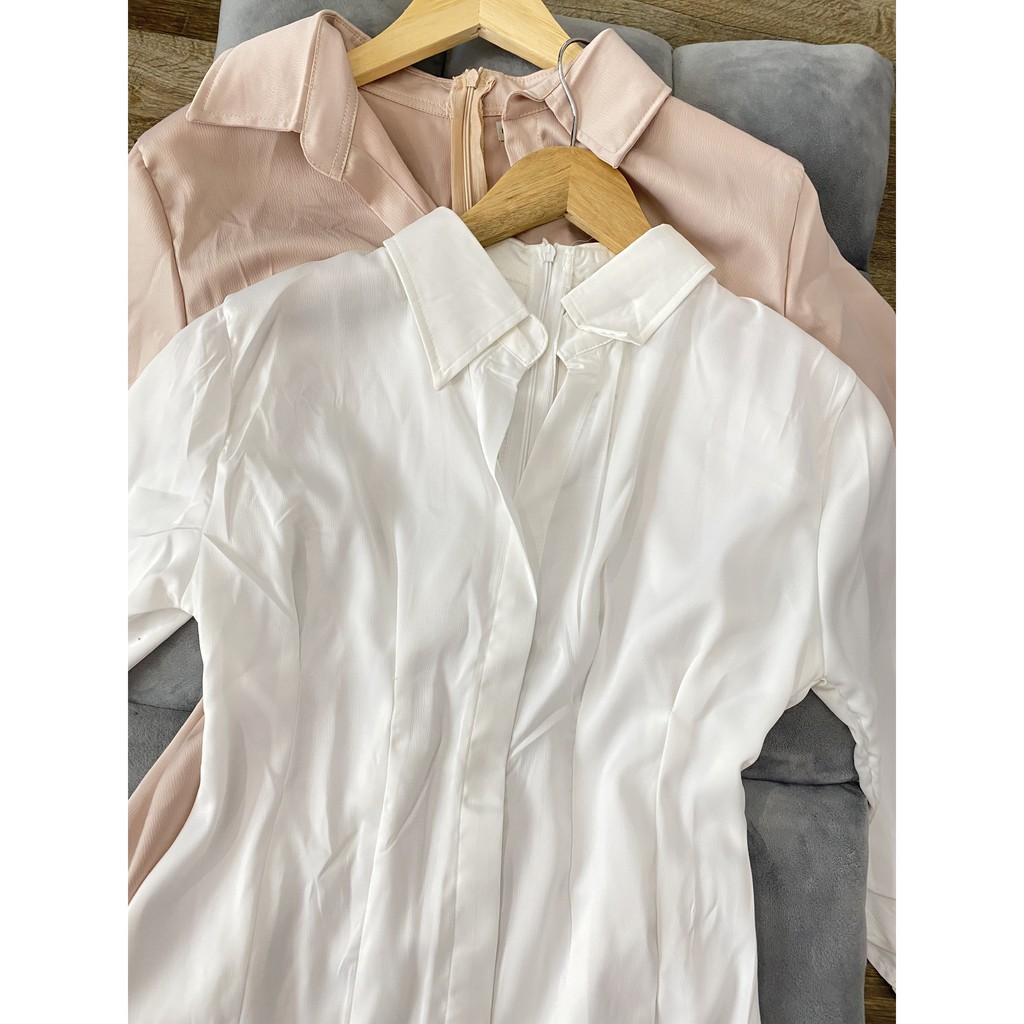 Đầm nữ trắng cổ sơ mi dự tiệc dạo phố siêu xinh vải lụa mango xịn | BigBuy360 - bigbuy360.vn