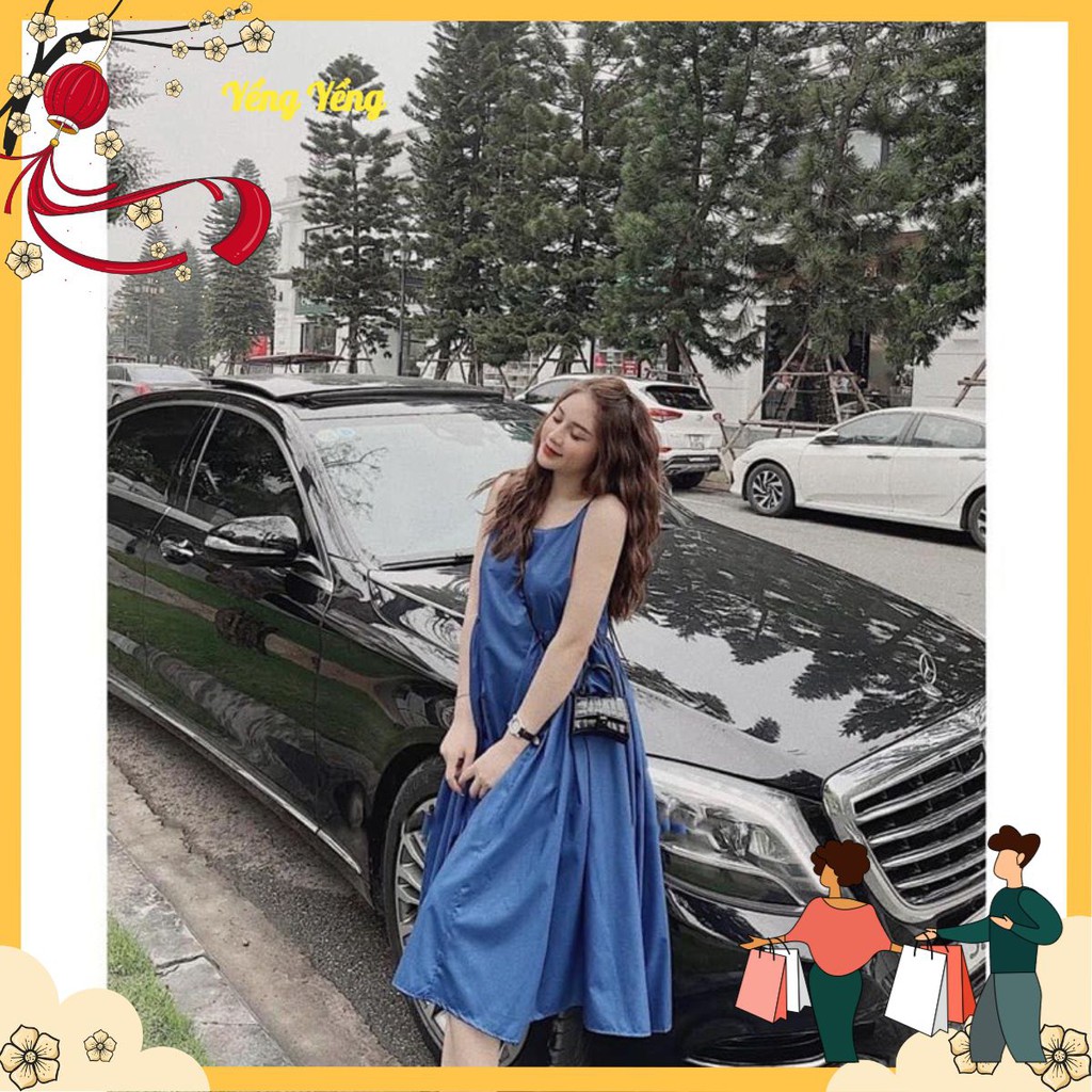 VNU134 - VÁY 2 DÂY XOÈ MAXI XANH THAN