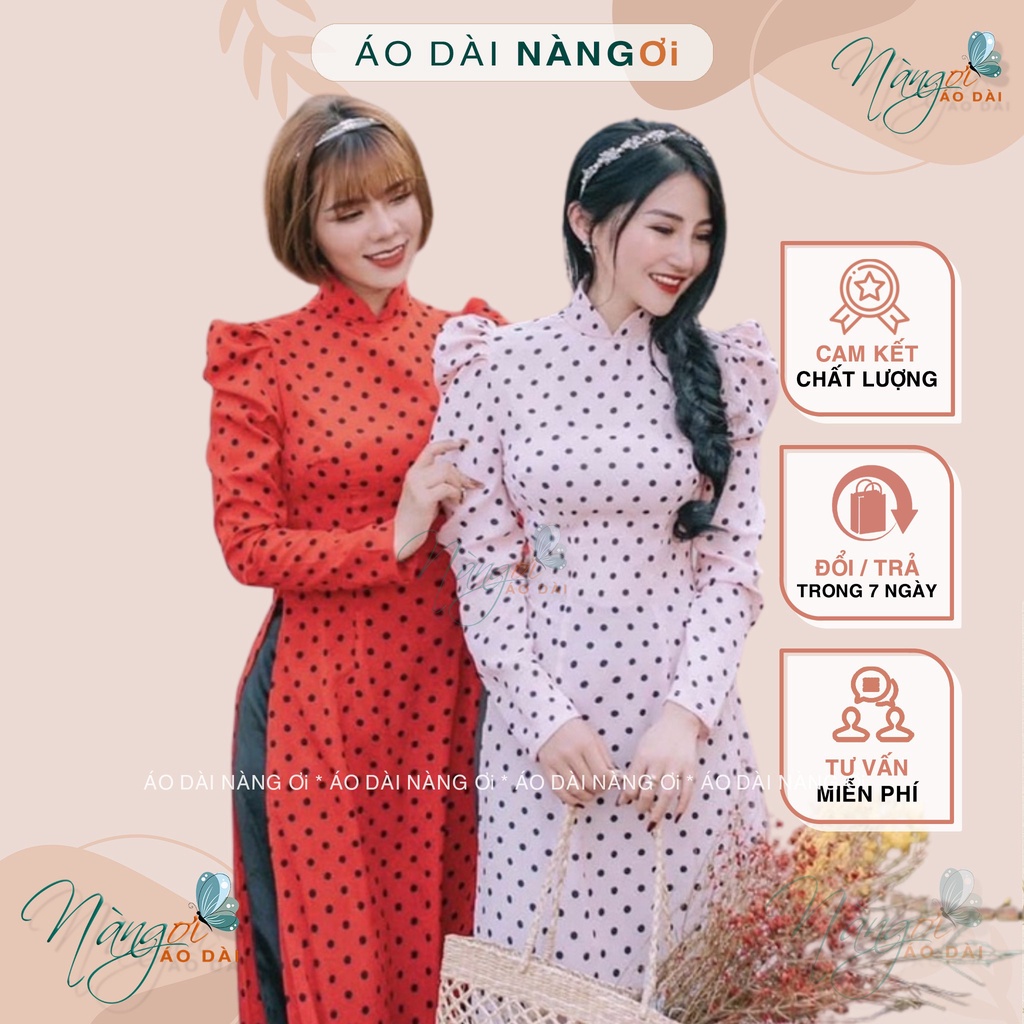 Áo dài chấm bi tay phồng - Áo dài truyền thống vai bồng lụa đẹp chụp hình xinh