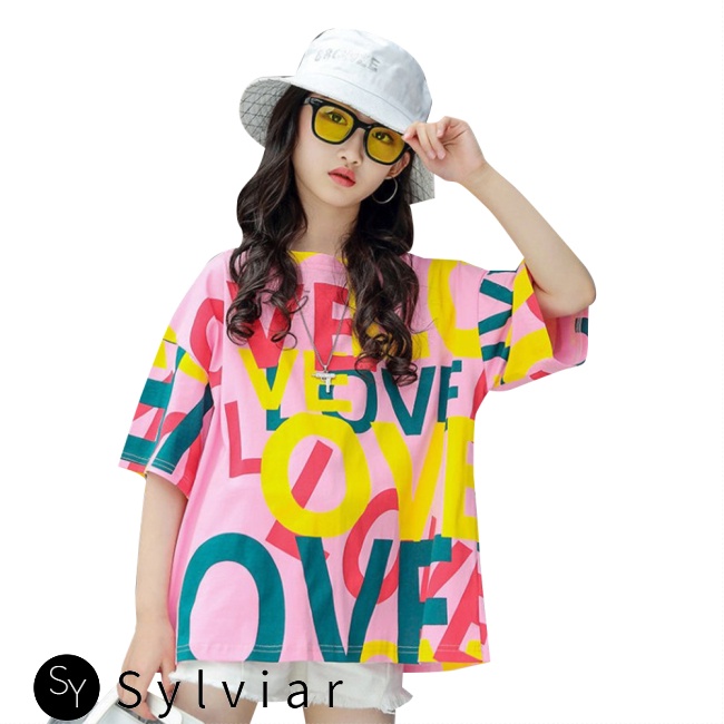 Áo thun tay ngắn cổ tròn dáng rộng in chữ thời trang cho bé gái 4-10 tuổi