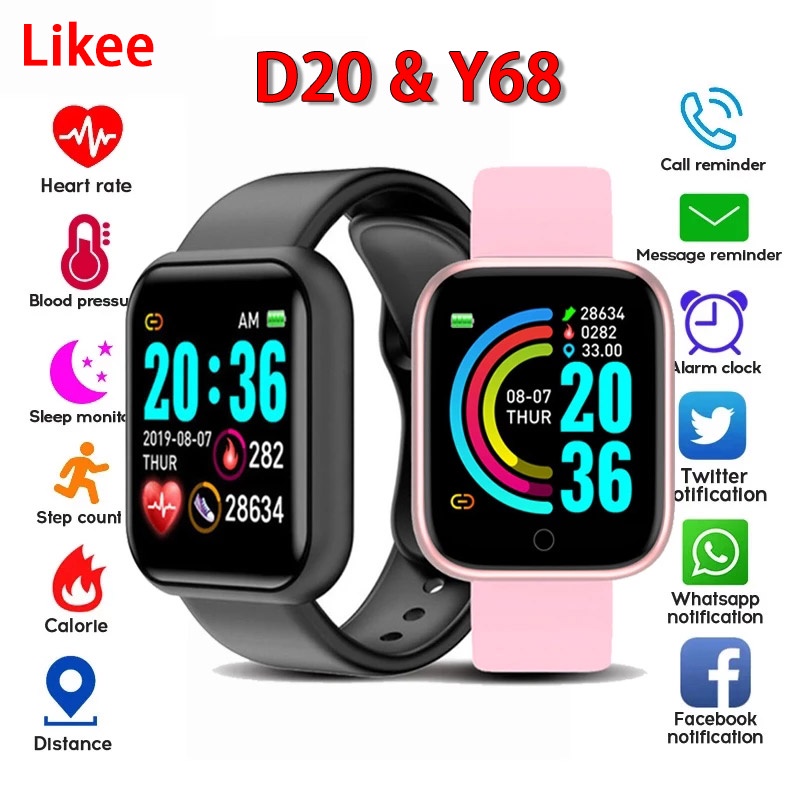 đ/hồ smart D20 Y68 tương thích Bluetooth Nam nữ Chống nước IP67 theo dõi thể thao Vòng đeo tay smart
