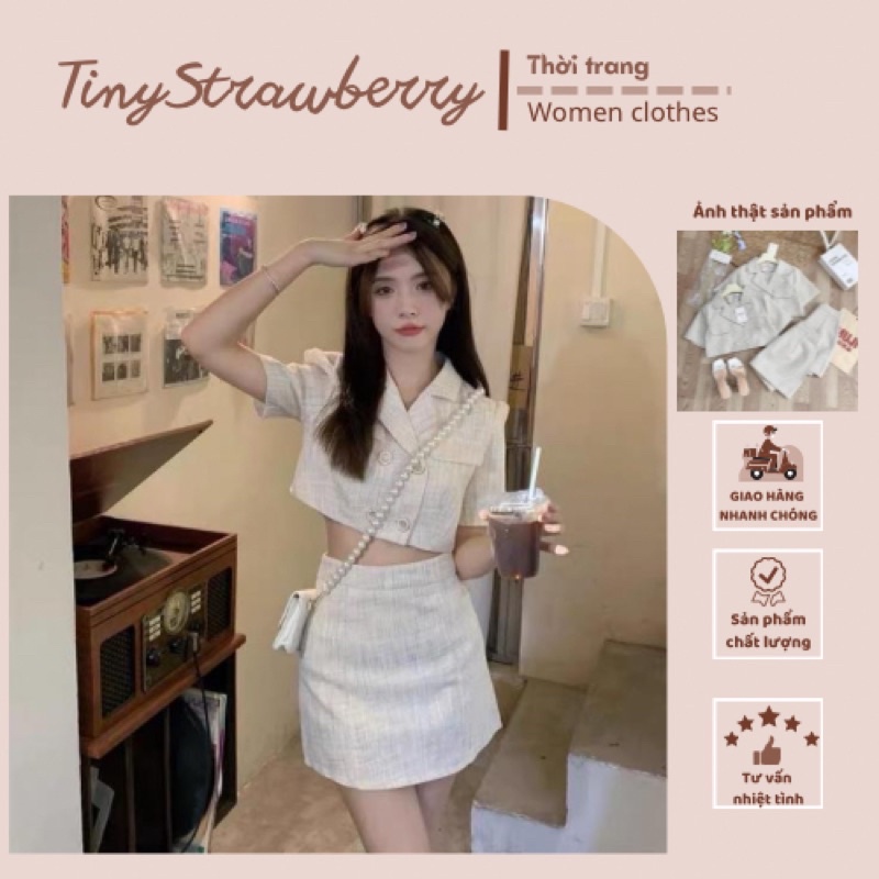 Set Dạ Cổ Vest Croptop Kèm Chân Váy Chữ A Phong Cách Hàn Quốc Nữ Tính