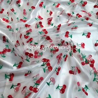 Vải voan lưới cherry may cột tóc scrunchies