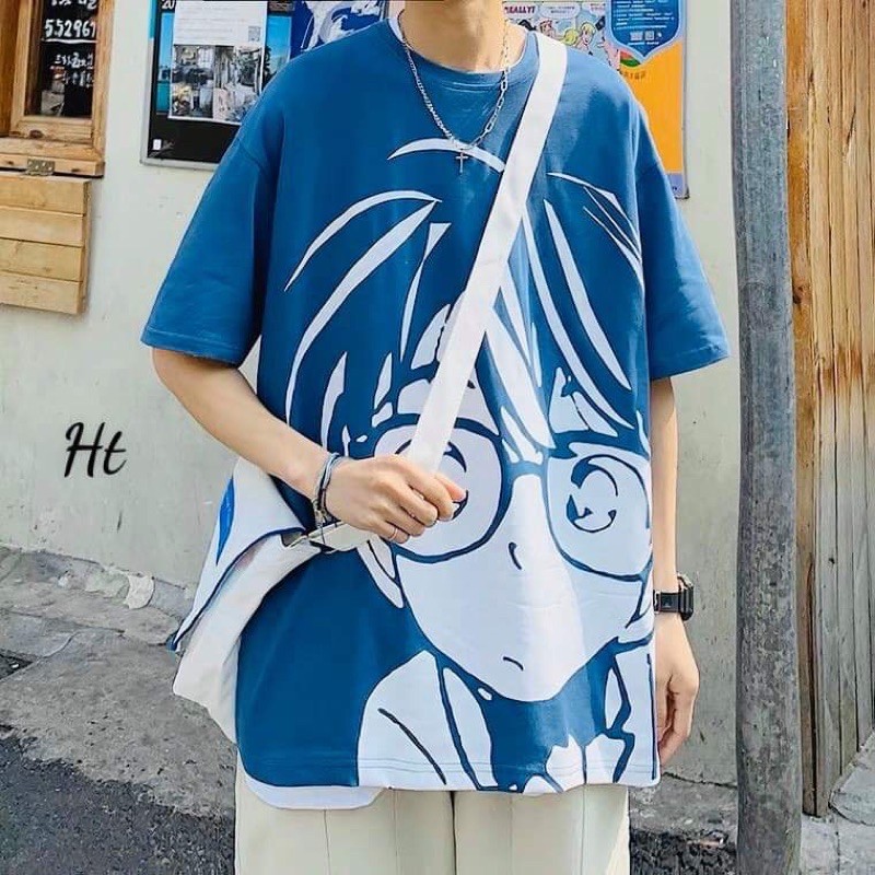 Áo thun tay lỡ in mặt conan đeo kính