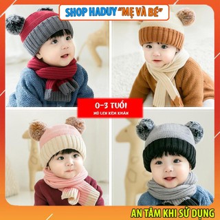 [MẸ VÀ ♥ BÉ] Mũ len kèm khăn  QUẢ BÔNG 2 lớp mềm mịn, giữ ấm cho bé (0-3tuổi)