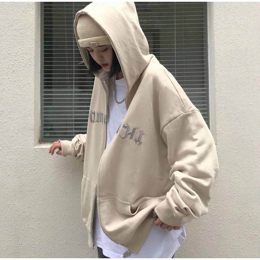 Áo khoác hoodie zip nỉ bông UNISEX nam nữ form rộng dày dặn có mũ có dây khóa kéo đen nâu ghi be