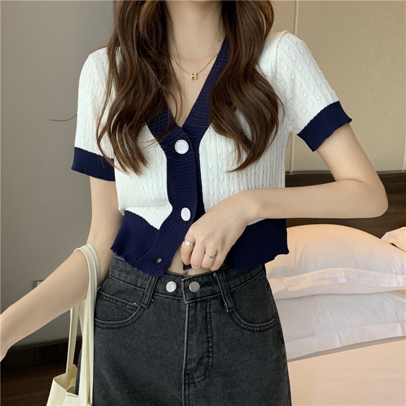 Áo cardigan dệt kim mỏng tay ngắn cổ chữ V size 38-60kg dành cho nữ