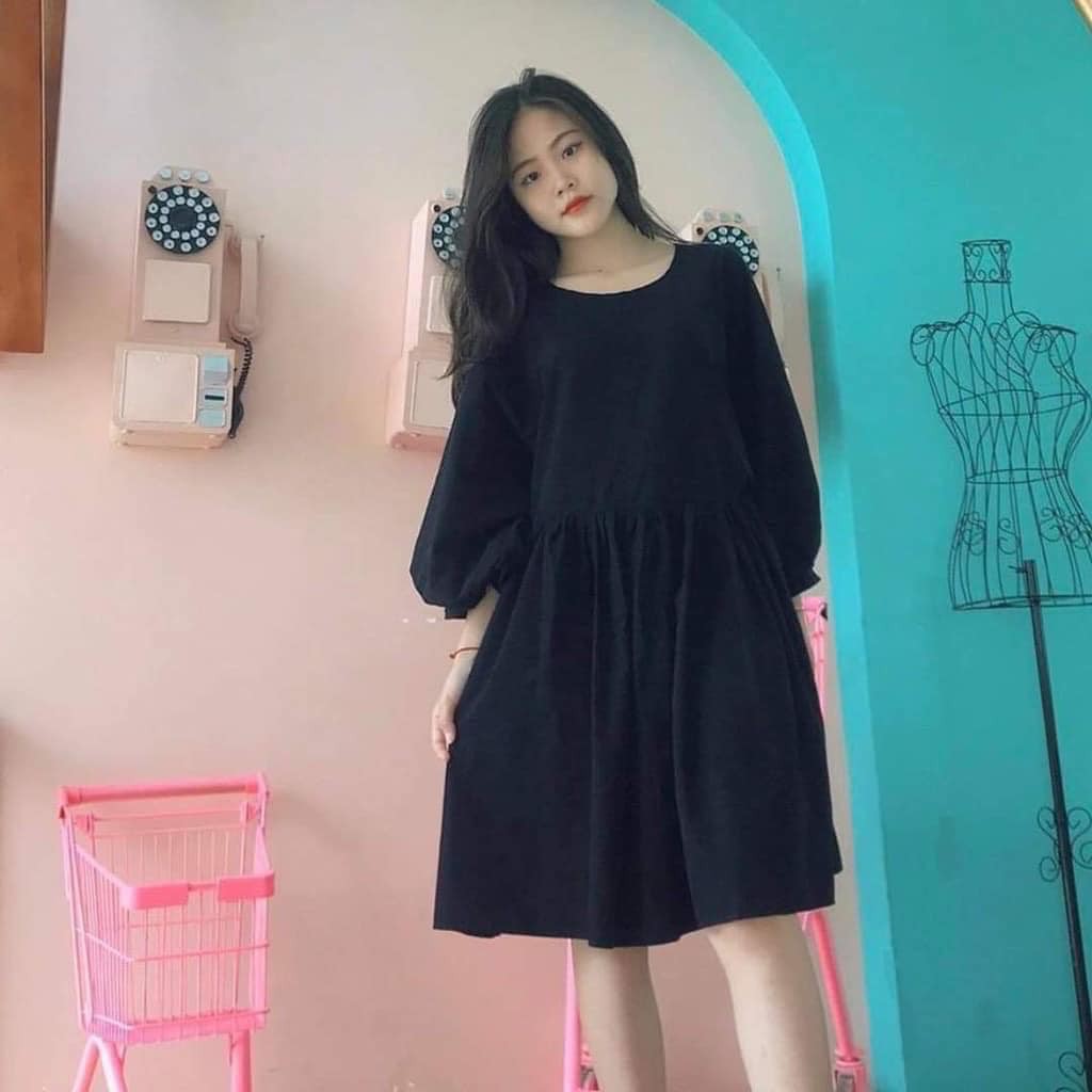Đầm babydoll nữ tay bồng  babydoll trơn dài tay