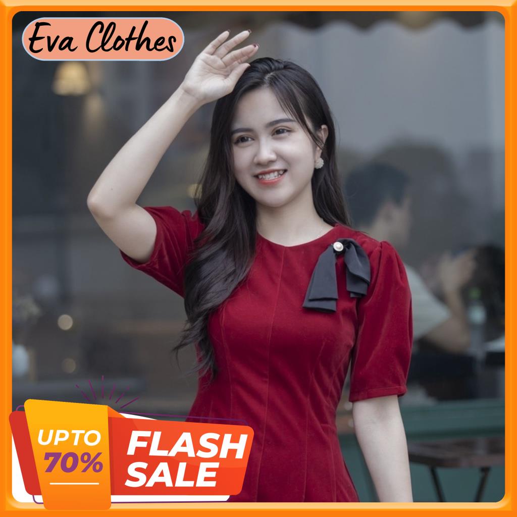 Váy nhung cài nơ công sở dự tiệc tay bồng ngắn thiết kế Evaclothes