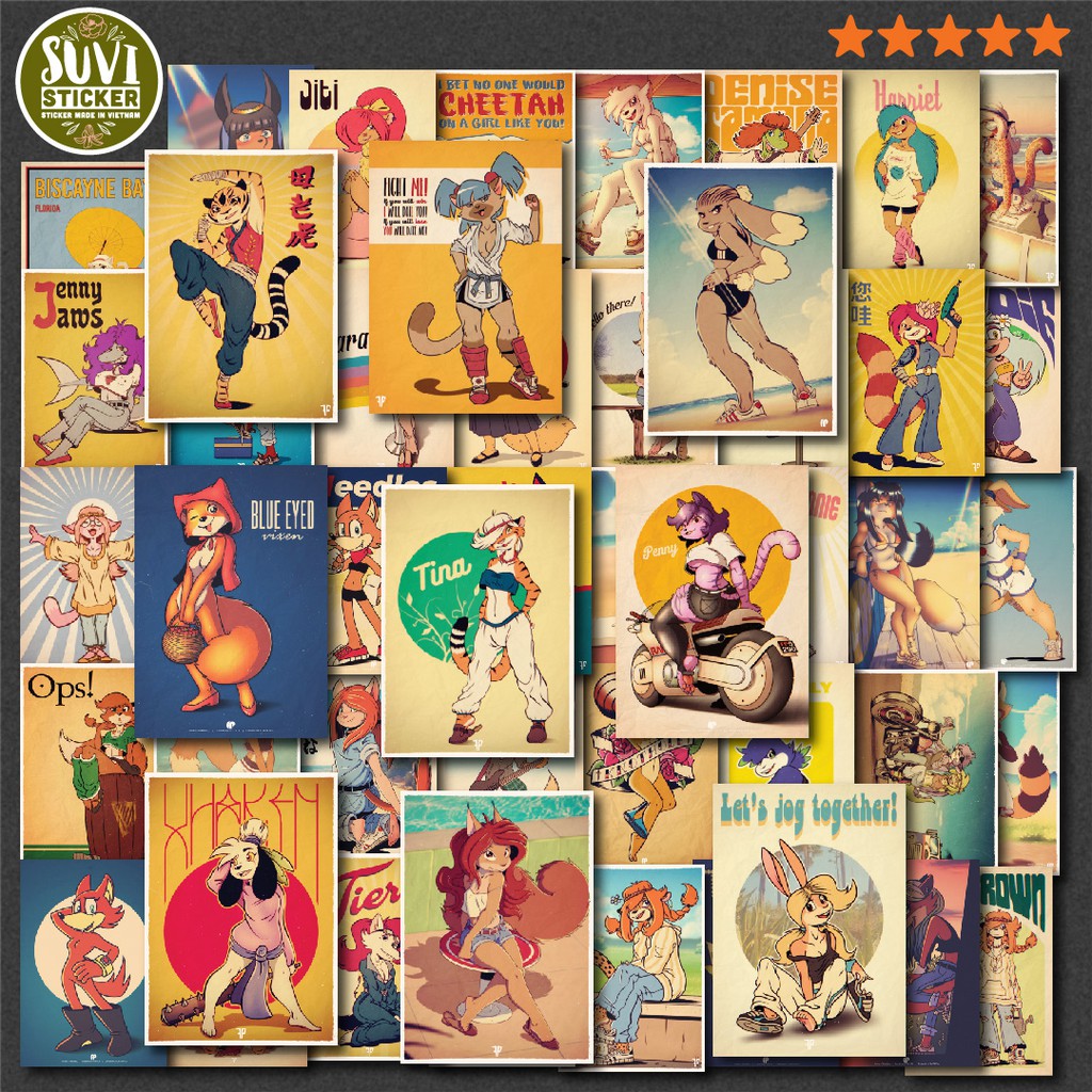 50 Sticker Vintage Cartoon chống nước sticker dán mũ bảo hiểm, laptop, điện thoại, đàn guitar, vali. MSP: NS37