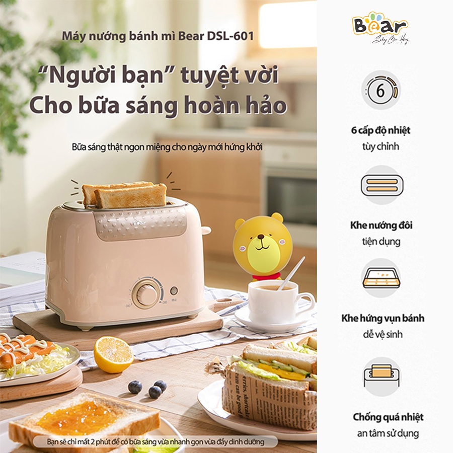 Máy Nướng Bánh Mì Sandwich Bear 6 Mức Điều Chỉnh Tích Hợp Chức Năng Nướng Hẹn Giờ Tự Động DSL-601