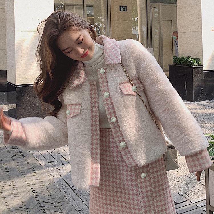 【Bán trước】Set áo khoác lông cừu phối chân váy ngắn phong cách Hàn Quốc thời trang cho nữ