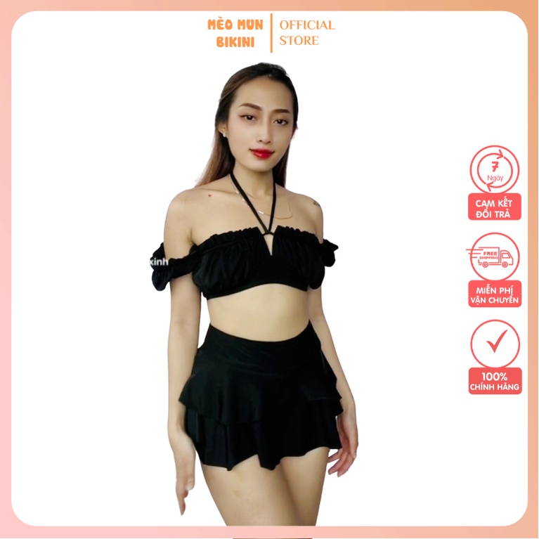 Set Bikini đi biển, đồ bơi 2 mảnh áo tay bèo phối váy 2 tầng che bụng kín đáo [B5]