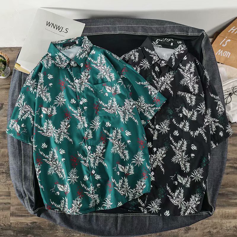 Men's Short Sleeve Shirt With Plant Pattern Print Fashion