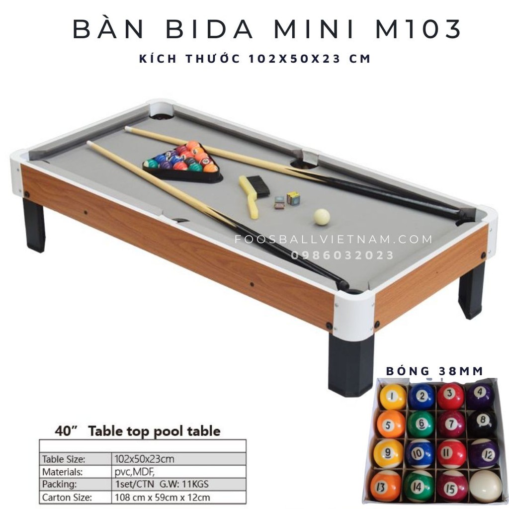 Bàn bi-a bida mini 102cm nhập khẩu giá rẻ + bi sứ 31mm (M102) và 38mm (M103) + vải nỉ + gậy gỗ 90cm