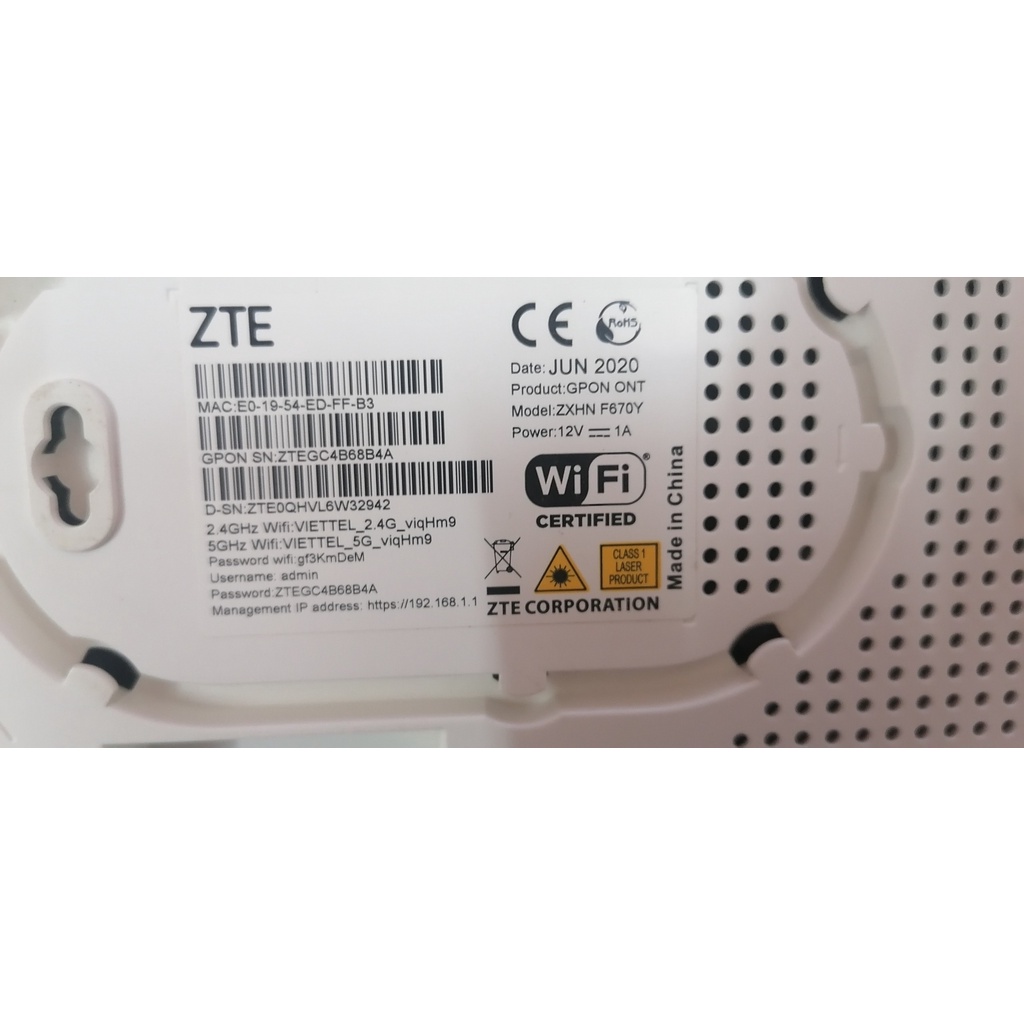 Modem Wifi Quang ZTE Viet.tel ZXHN-F671Y, ZXHN-F670Y, ZXHN-F670L Hai Băng Tần 2.4G và 5G (Cũ).