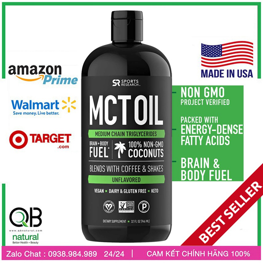 Dầu dừa MCT oil Sports Research, chuyển hóa chất béo, Medium chain Triglycerides, Nấu ăn làm bánh,dầu trộn. USA