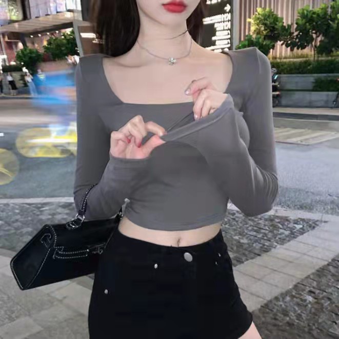 Áo Croptop Tay Dài Cổ Vuông Màu Trơn Co Giãn Phong Cách Hàn Quốc 3 Màu Tùy Chọn